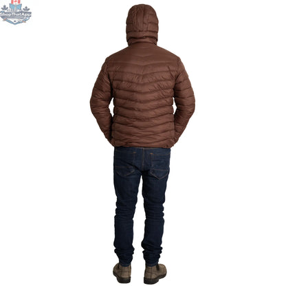 Northern Sun packable down jacket shown folded and unfolded, lightweight insulated jacket ideal for outdoor activities and travel.