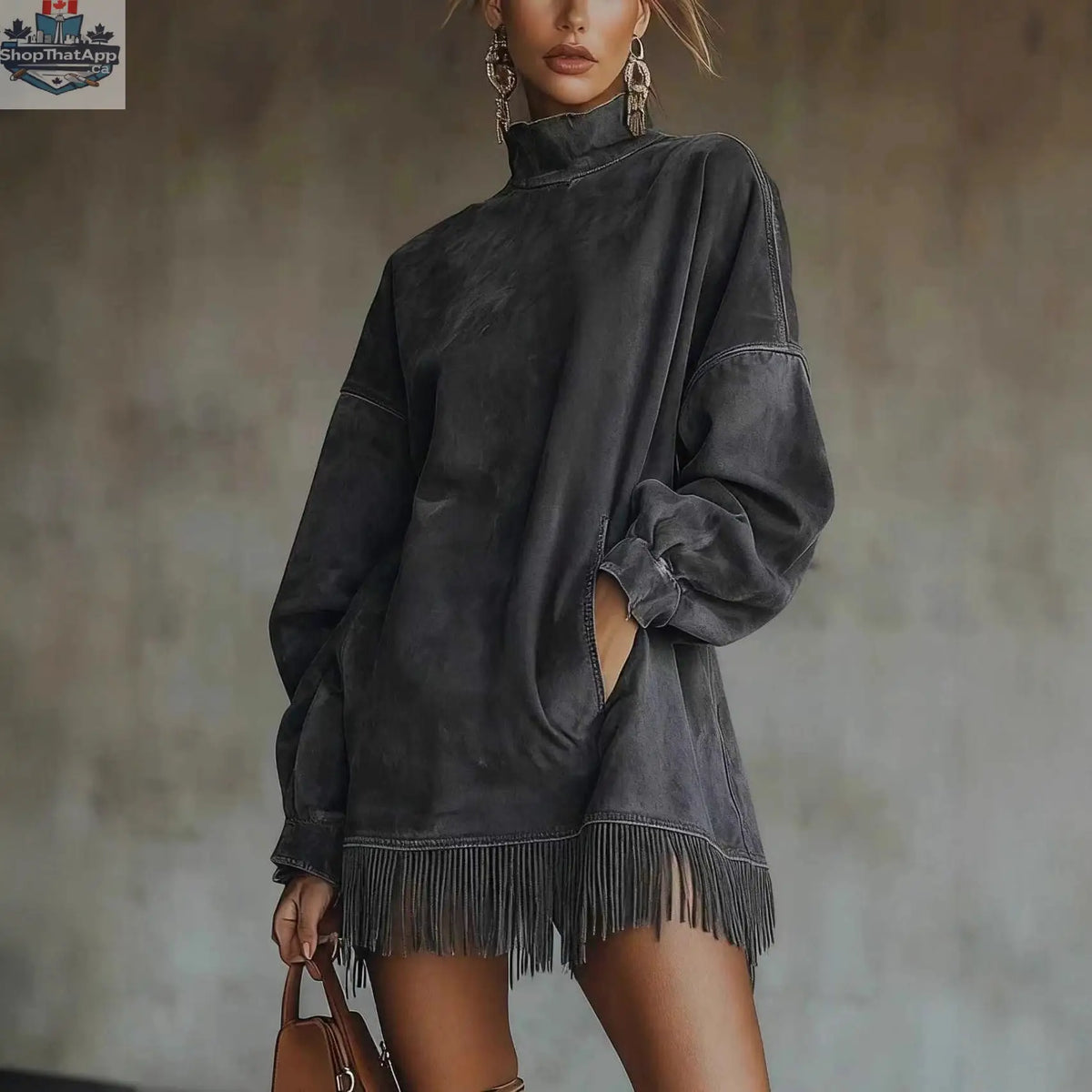 Women's Loose Tassel Suede Dress - Long Sleeve Pocket Dress - Shopthatapp.ca