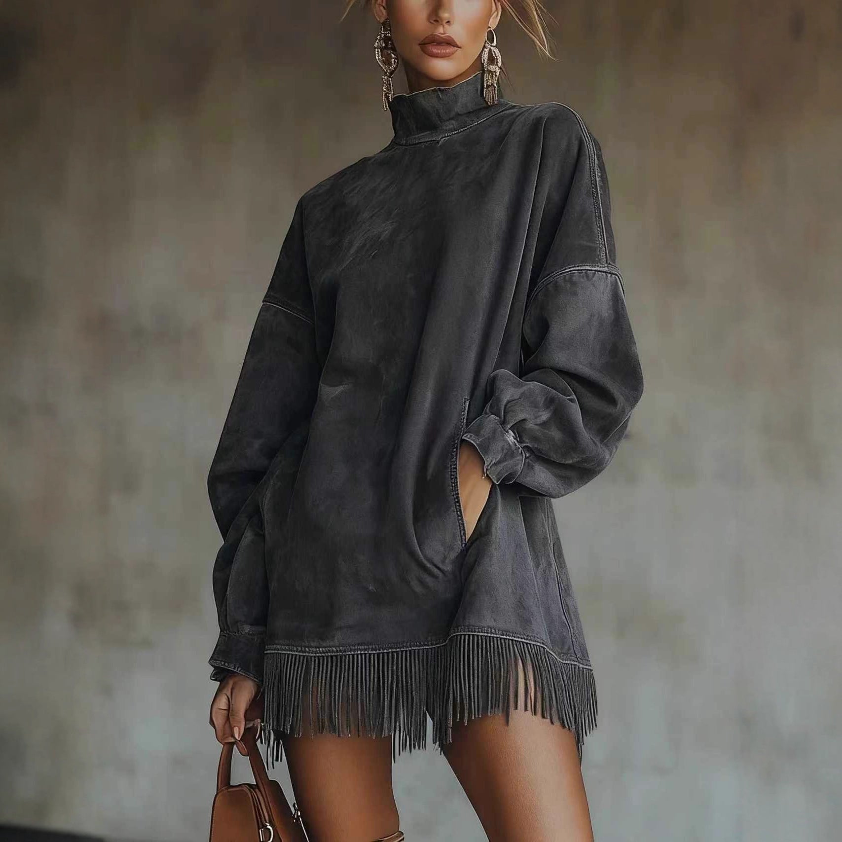 Women's Loose Tassel Suede Dress - Long Sleeve Pocket Dress