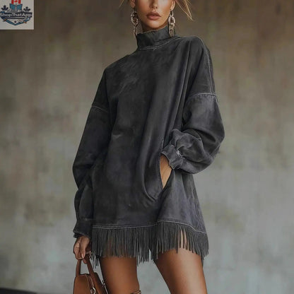 Women's Loose Tassel Suede Dress - Long Sleeve Pocket Dress - Shopthatapp.ca
