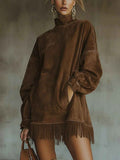 Women's Loose Tassel Suede Dress - Long Sleeve Pocket Dress