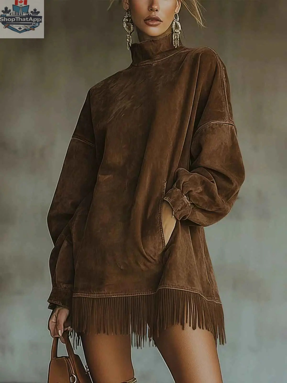 Women's Loose Tassel Suede Dress - Long Sleeve Pocket Dress - Shopthatapp.ca