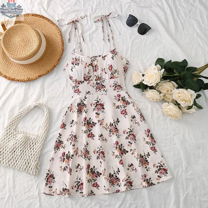 Floral Print Dress Summer Sweet A- Line Waist Trimming Dresses Women's Slimming Casual Clothing - Shopthatapp.ca