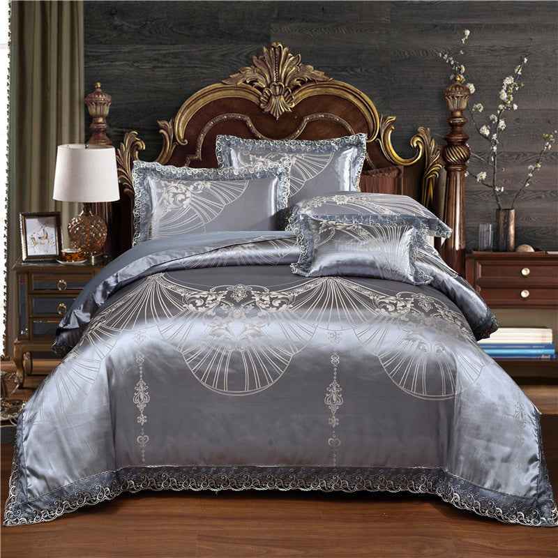 Jacquard Cotton Four‑Piece Luxury Bedding Set – Pure Cotton Duvet Cover &amp; Silk‑Satin Finish Bed Sheet