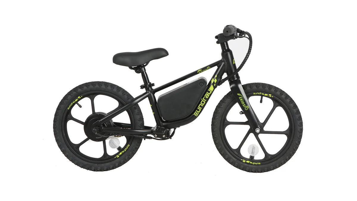 E-Vélo EUNORAU QUEBEC EKIDS16 1.0 electric bicycle with sleek frame and handlebars, ready for riding.