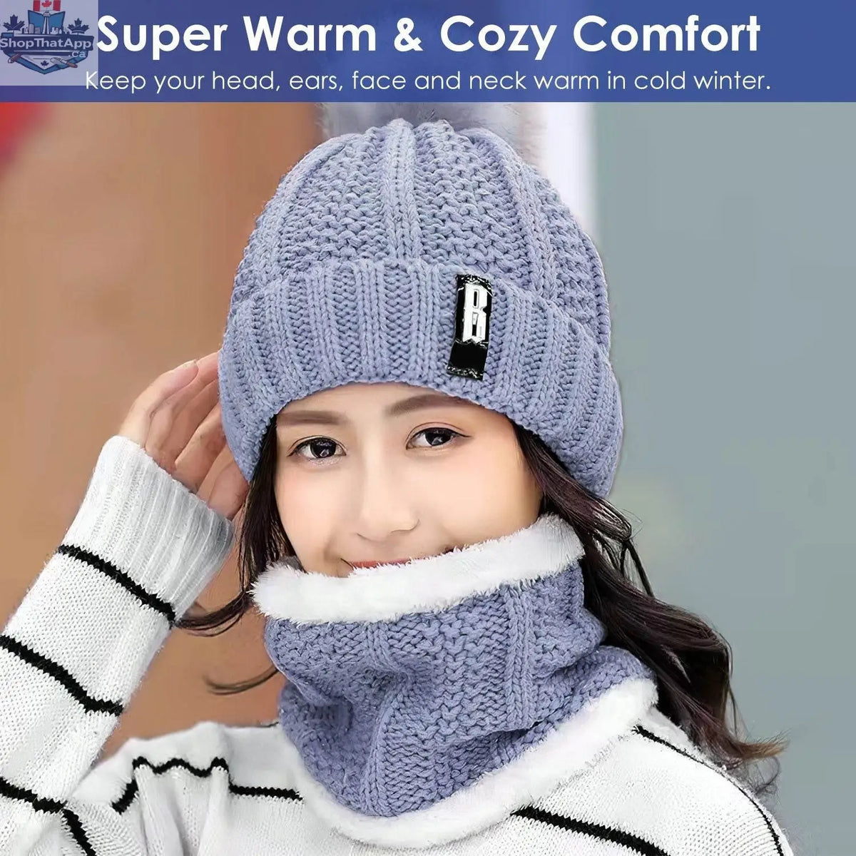 Warm women's winter beanie hat and scarf set from EX-STOCK Canada, featuring knitted skull cap and neck warmer for outdoor activities.