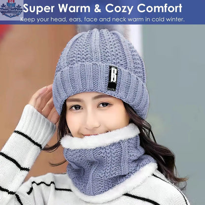 Warm women's winter beanie hat and scarf set from EX-STOCK Canada, featuring knitted skull cap and neck warmer for outdoor activities.