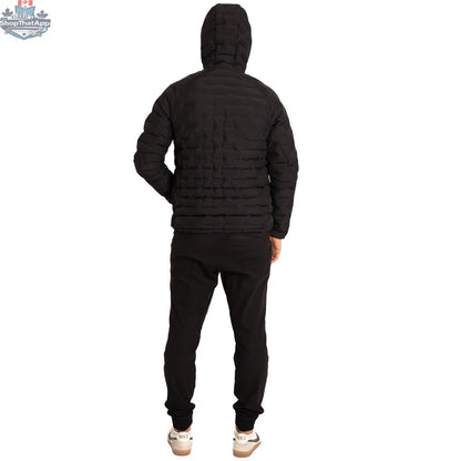 Northern Sun Dawson down jacket displayed on a hanger, featuring a puffy insulated design with a high collar and zipper closure.