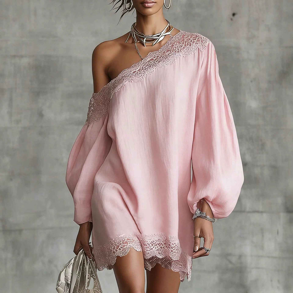 Women's Off-Shoulder Long Sleeve Mini Dress | Lace Trim Dress