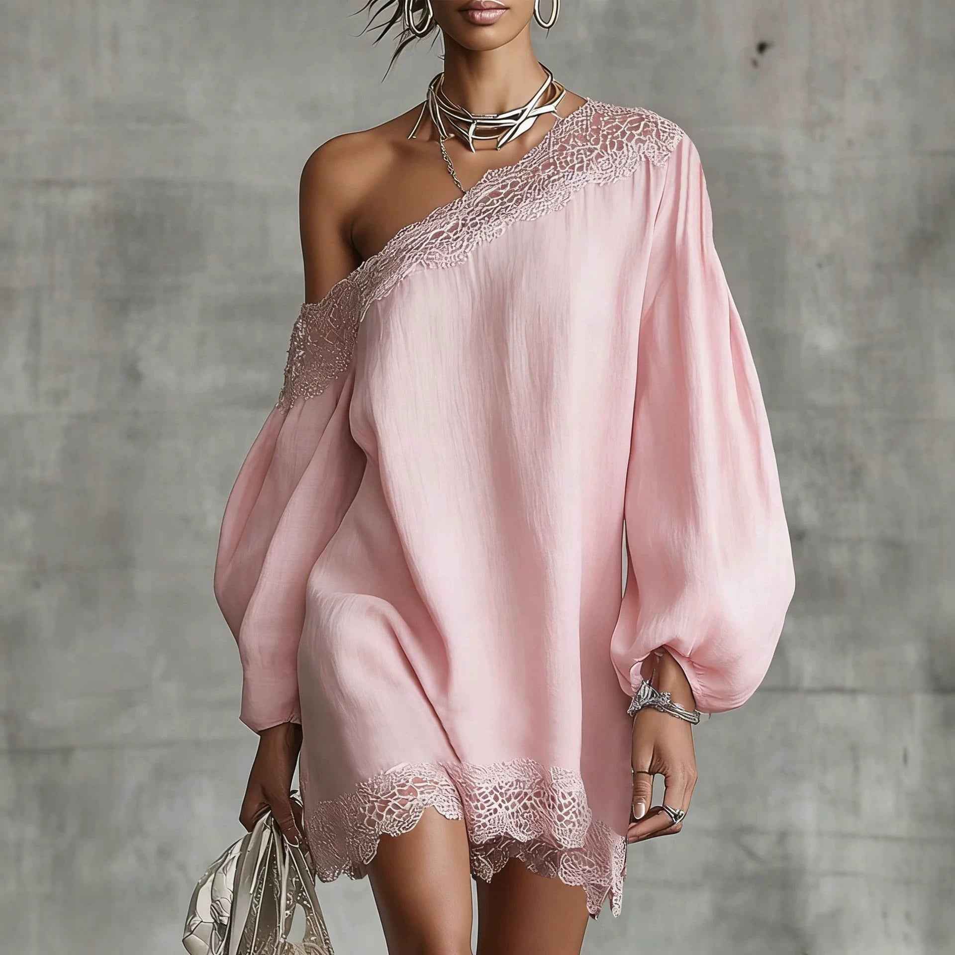 Women's Off-Shoulder Long Sleeve Mini Dress | Lace Trim Dress