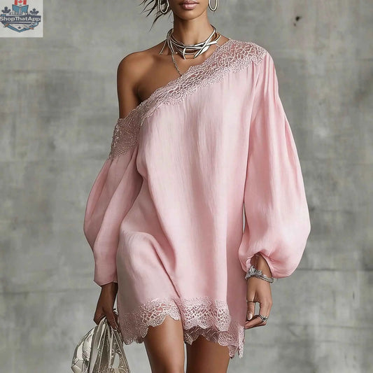 Women's Off-Shoulder Long Sleeve Mini Dress | Lace Trim Dress - Shopthatapp.ca