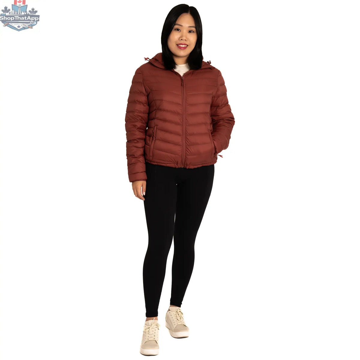 Northern Sun packable down jacket, lightweight and insulated, shown folded and unfolded for travel and outdoor wear.