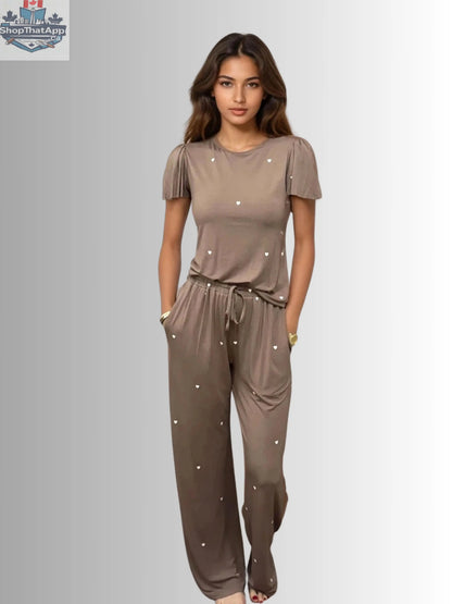 Heartfull PJ – Silky Printed Pajama Set 2PC In Mochacinno Hearts - Shopthatapp.ca