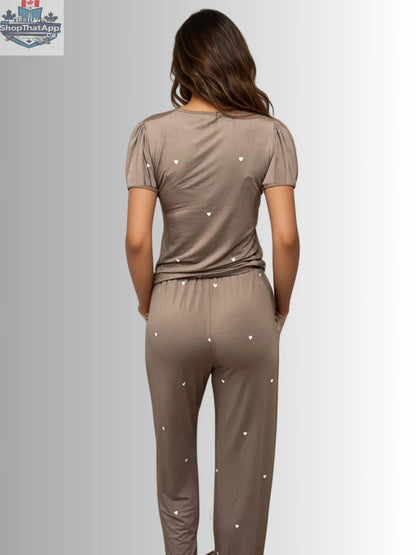 Heartfull PJ – Silky Printed Pajama Set 2PC In Mochacinno Hearts - Shopthatapp.ca