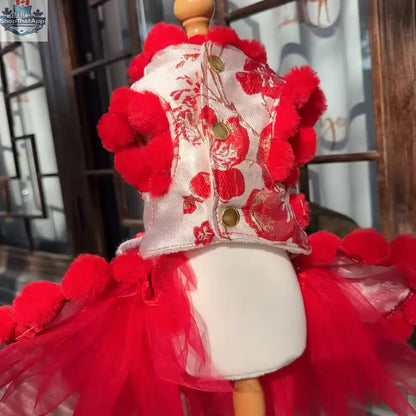 Lucky Bloom Chinese New Year Dog Dress | Red & Gold Pom-Trim Cheongsam Style - Shopthatapp.ca