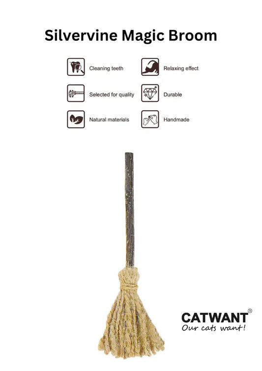 Silvervine Magic Broom by CATWANT, a natural fresh toy for cats featuring a silvervine-stuffed broom with textured bristles.