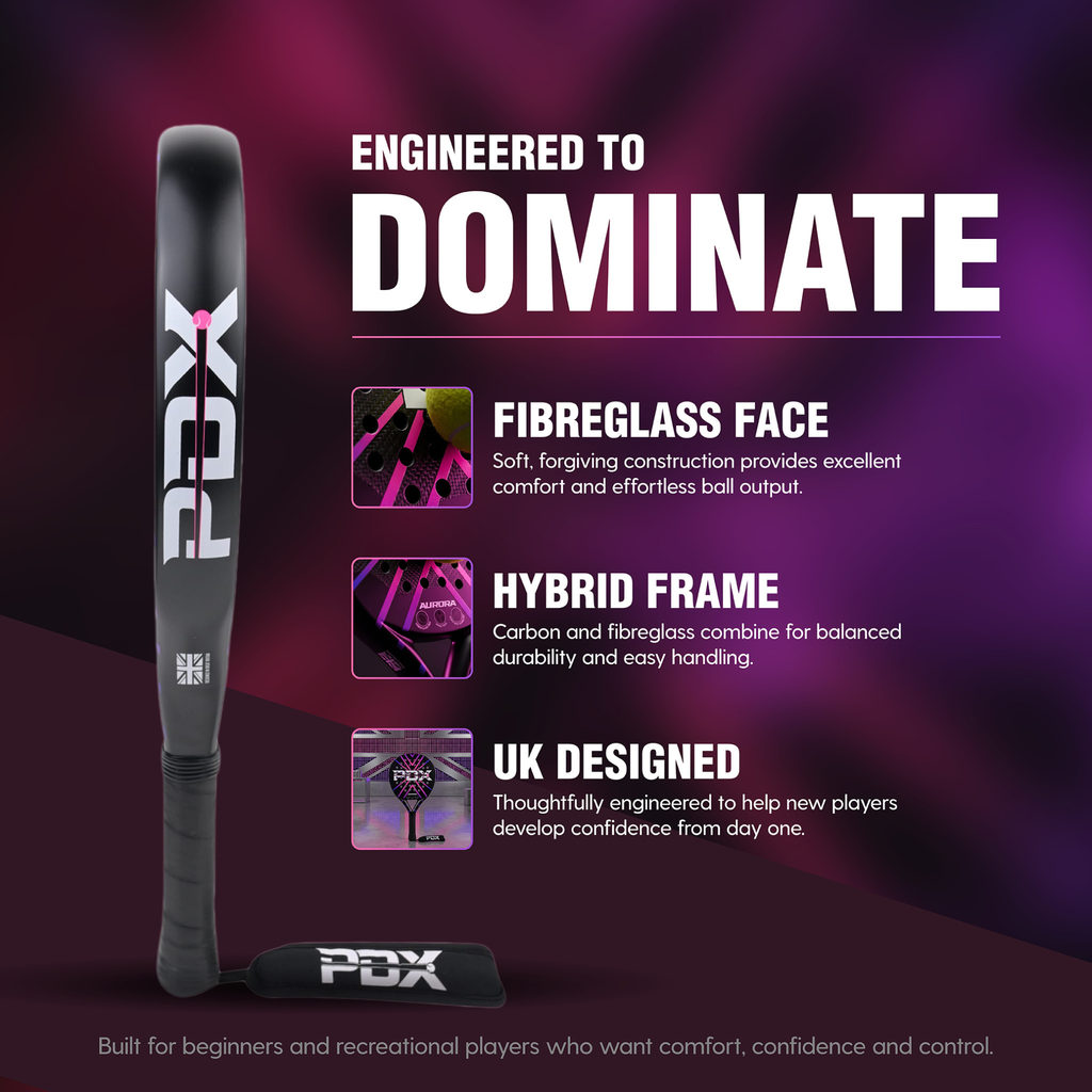 PDX Aurora Beginner Padel Racket | Complimentary Racket Carrier Bag | 30% Carbon 70% Fibreglass | 355g Round | Control