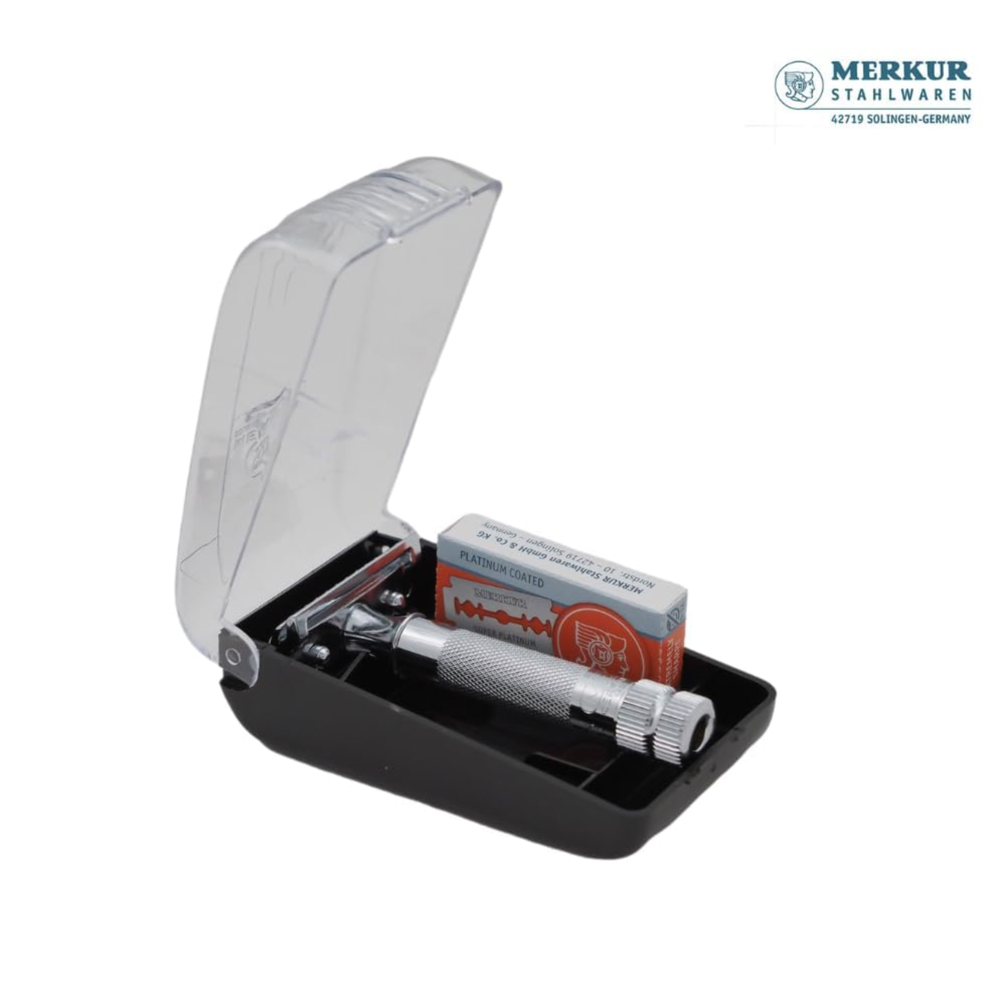 Merkur 34C Safety Razor with Knurled Extra Thick Handle in Chrome - 2-Piece DE Razor Case with 10 Blades