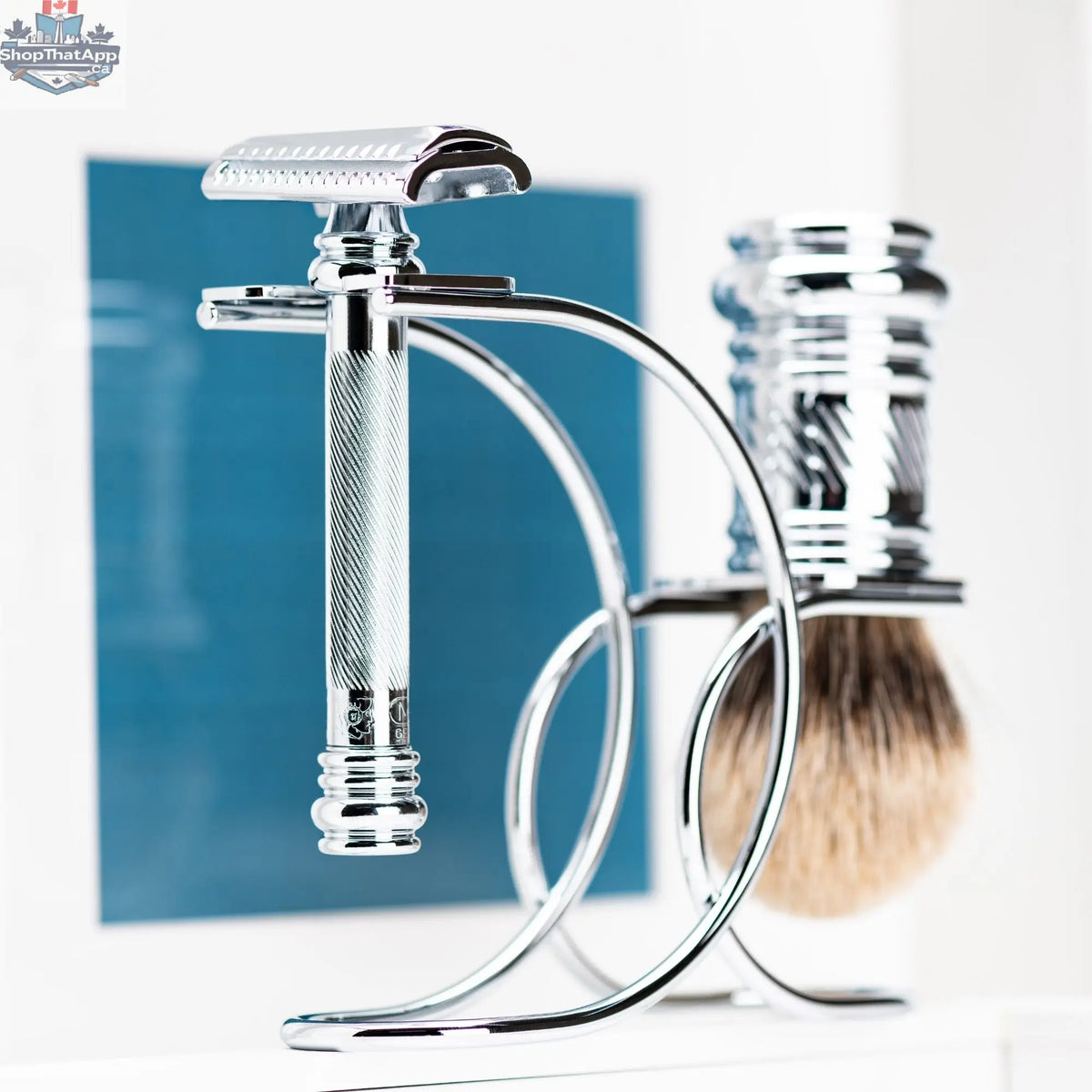 Merkur Shaving Set with MK-39001 Razor, Silver Tip Badger Brush and Curved 3-piece Stand, Chrome - Shopthatapp.ca