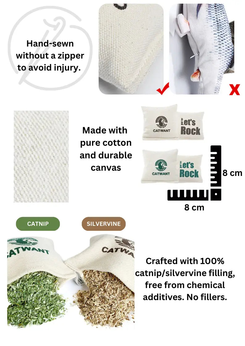 Set of 2 CATWANT canvas catnip and silvervine pillows, soft fabric toys designed for playful and happy cats.