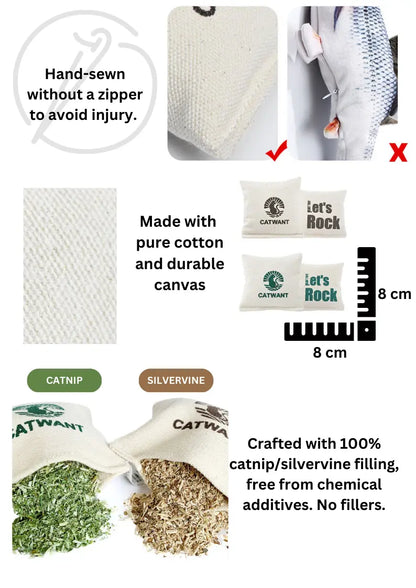 Set of 2 CATWANT canvas catnip and silvervine pillows, soft fabric toys designed for playful and happy cats.