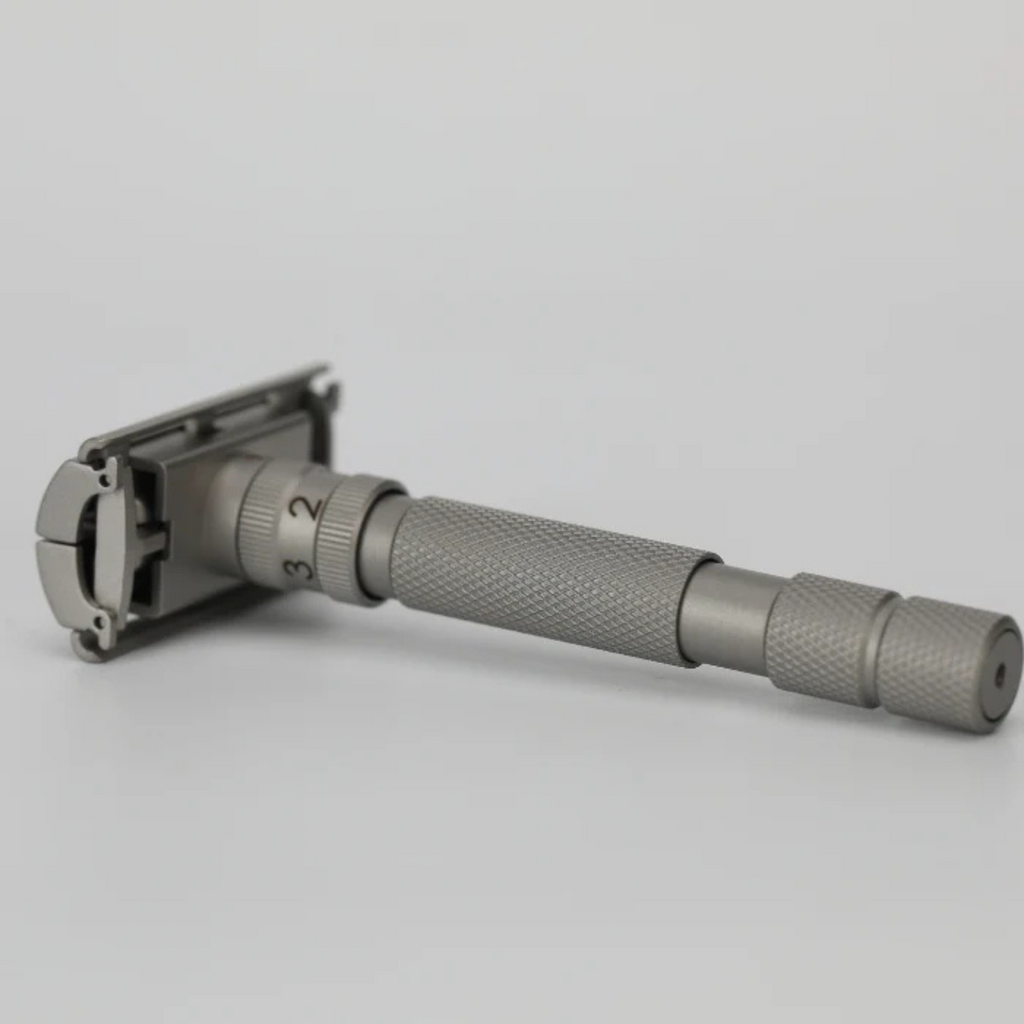 Rockwell T2 Adjustable DE Safety Razor - Matte Silver Stainless Steel Twist-To-Open Design
