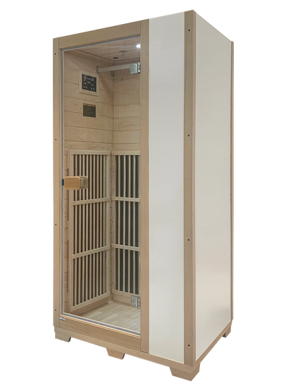 Zoppinh Blisspod Vienna infrared sauna for one with Canadian Hemlock wood, low EMF, shown with interior and door view