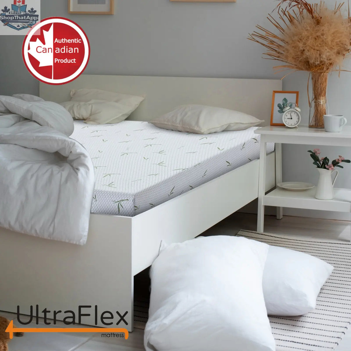 UltraFlex SleepTight mattress set featuring Canadian-made gel memory foam, cooling, pressure relief, and spinal support.