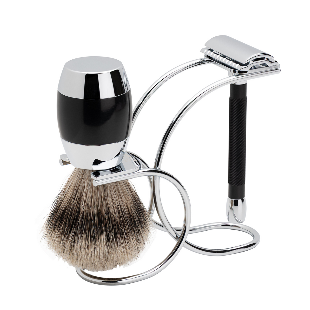 Merkur 3081 Shaving Set - 3pcs Twin Color Black with Bright Chrome Finish