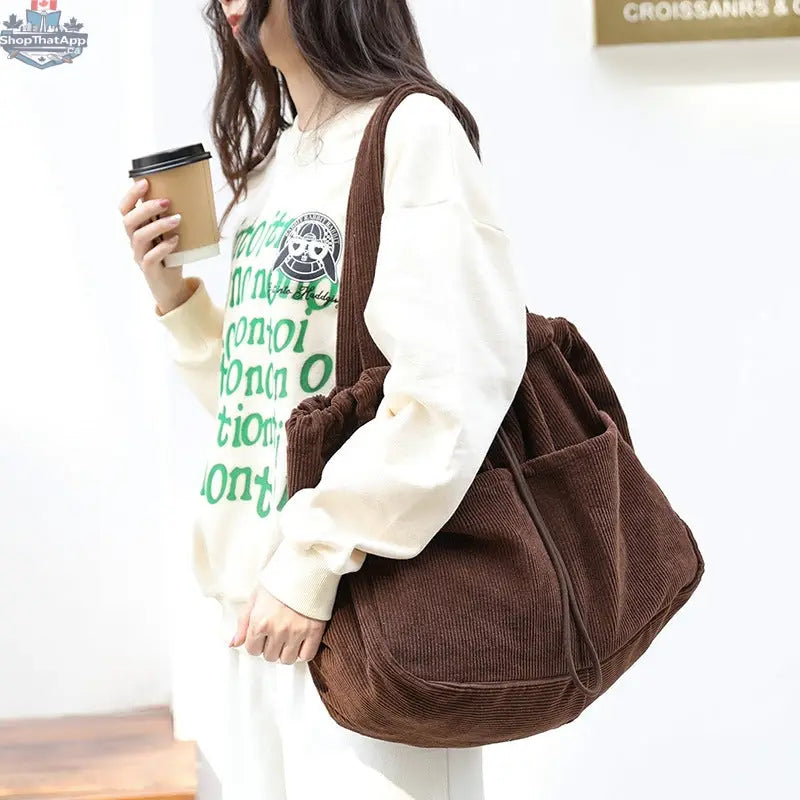 Ins Corduroy Shoulder Bags Drawstring Multi-pocket Handbag Women Underarm Bags - Shopthatapp.ca