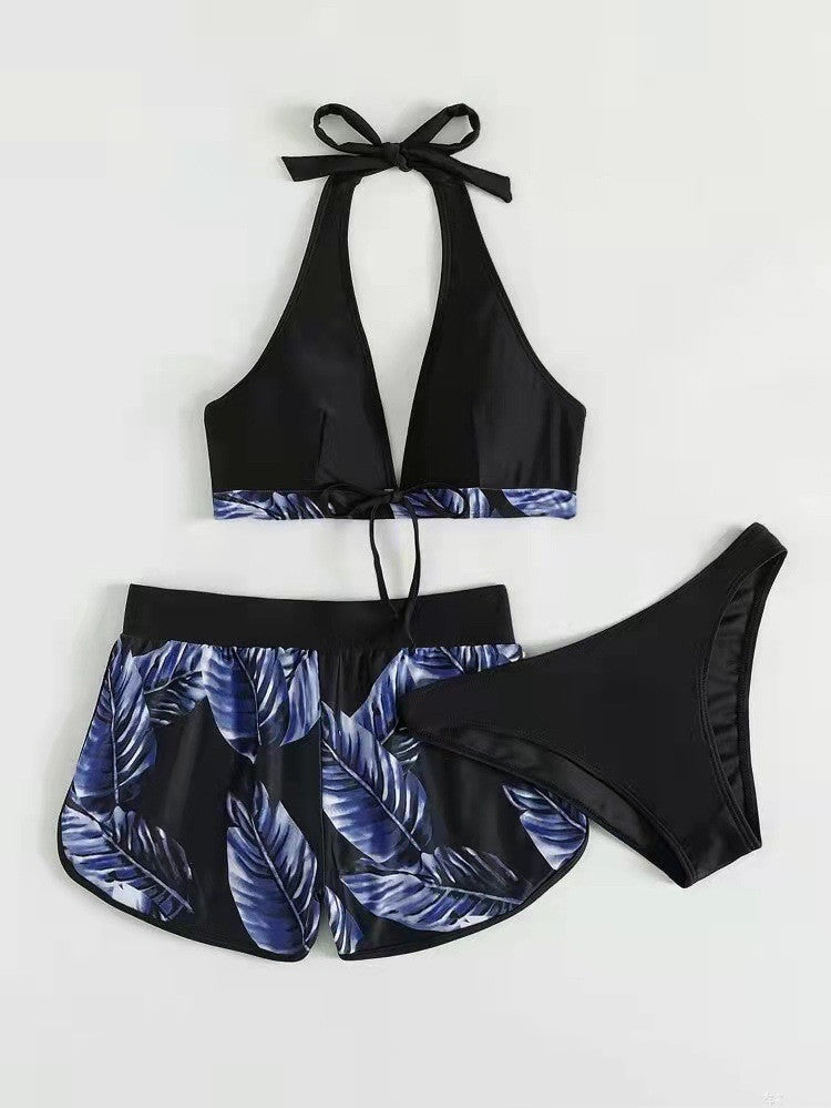 3pcs Leaf Print Bikini Swimsuit with Shorts for Women - Fashionable Summer Beach Outfit - Shopthatapp.ca