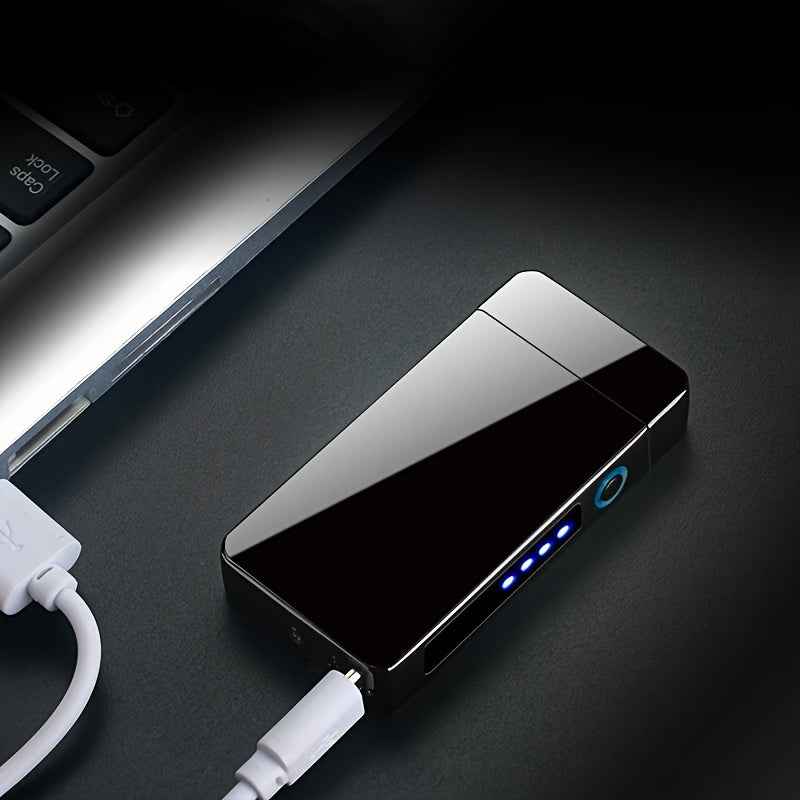 1pc Hot Electric Windproof Metal Lighter, Double Arc Flameless Plasma Rechargeable USB Lighter, LED Power Display Touch Sensor Lighter Christmas Gift