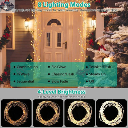 Lighted birch garland with 144 LED lights, twig vine, waterproof, 8 modes, perfect for Christmas and home decor.