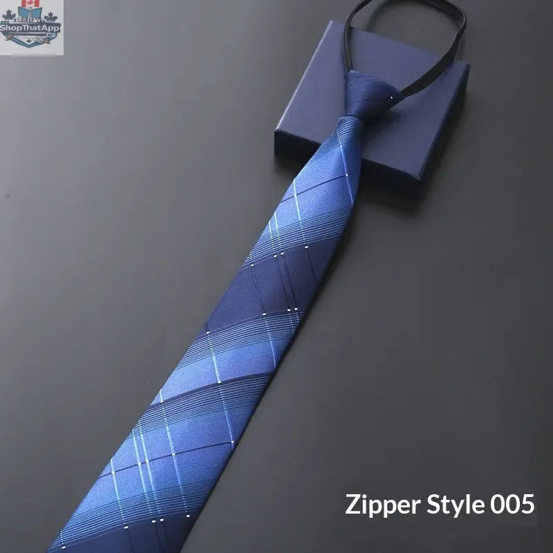 Mens Business Formal Zipper Tie With Blue Stripes - Shopthatapp.ca
