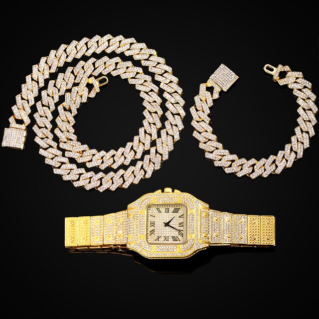 Elevate Your Style with Our Gold Cuban Link Jewelry Set - 14MM Bracelet, Chain & Watch