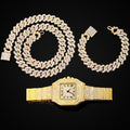 Elevate Your Style with Our Gold Cuban Link Jewelry Set - 14MM Bracelet, Chain & Watch