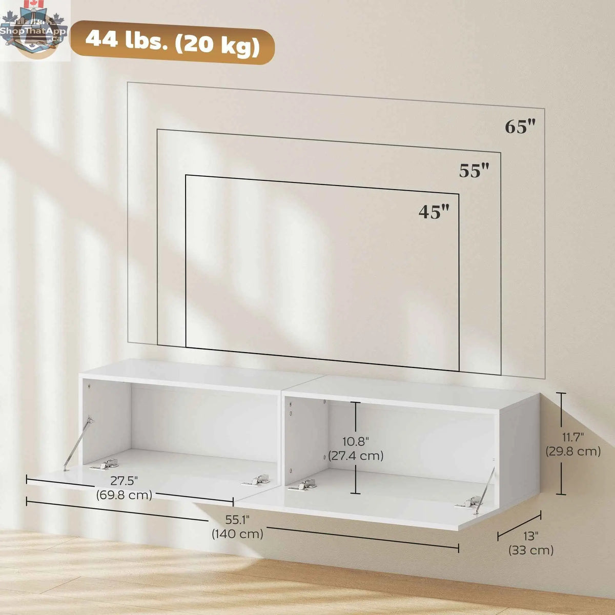 SLOTH Nation Hunter floating TV stand with white finish, storage cupboards, designed for TVs up to 65 inches, modern living room furniture