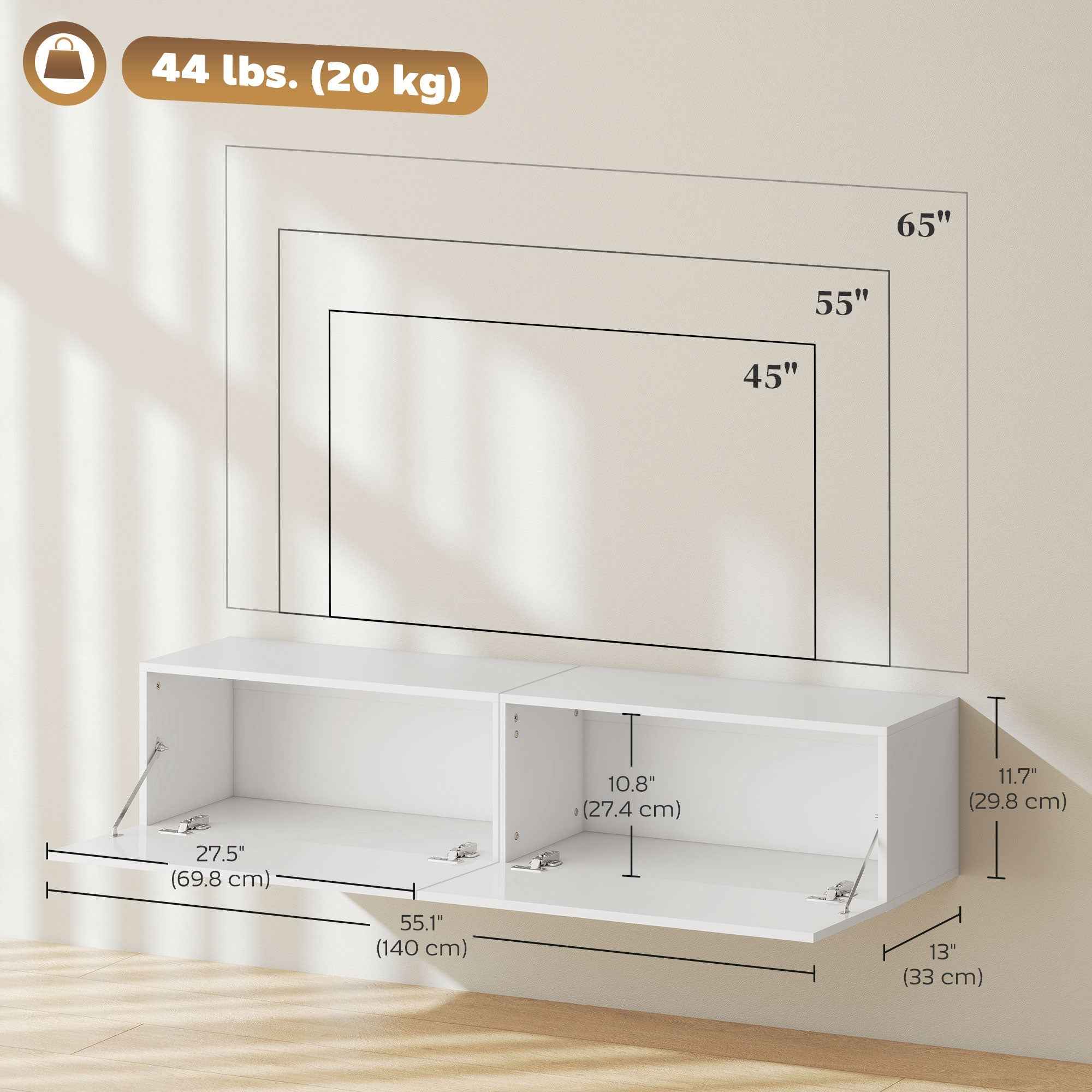 Hunter Floating TV Stand with Storage Cupboards for TVs up to 65 Inches-White