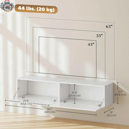 SLOTH Nation Hunter floating TV stand with white finish, storage cupboards, designed for TVs up to 65 inches, modern living room furniture