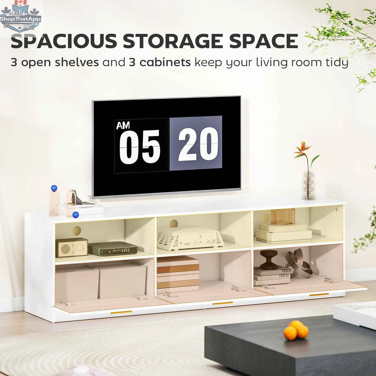 Modern white Dallas TV stand with storage drawers, designed for TVs up to 85 inches, by SLOTH Nation.