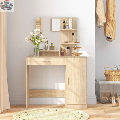 SLOTH Nation Evelyn vanity desk with mirror and adjustable shelves, bedroom furniture piece for makeup and organization.