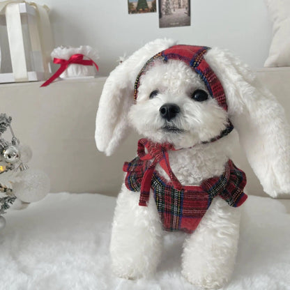 Winter Dog Dress with Hat - Red Plaid Bunny Dress for Dogs - Shopthatapp.ca
