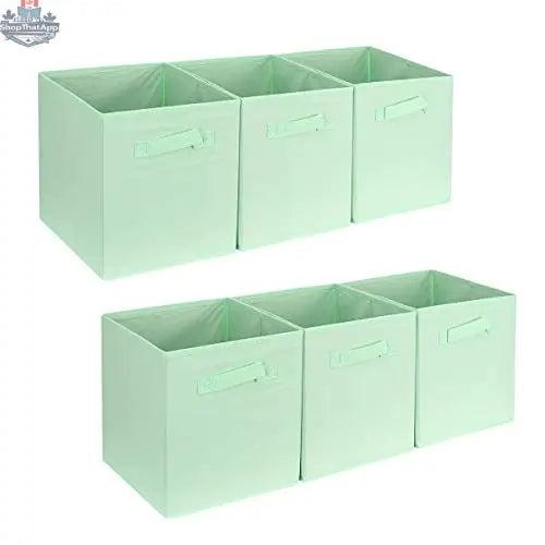 Six foldable storage bins organizer cubes in neutral colors, ideal for closet or office organization, lightweight and collapsible.