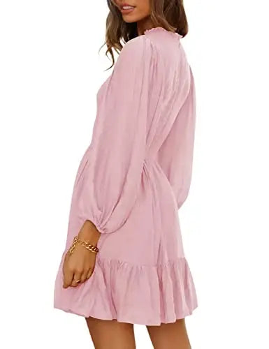 ADEWEL Women's long sleeve mock neck ruffle mini dress with stylish ruffles and a flattering fit, perfect for trendy occasions.