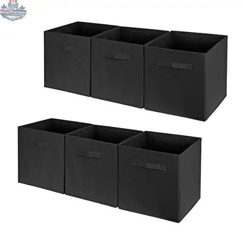 Six foldable storage bins in various sizes, fabric organizer cubes for closet or shelf organization.
