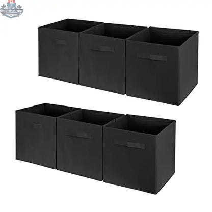 Six foldable storage bins in various sizes, fabric organizer cubes for closet or shelf organization.