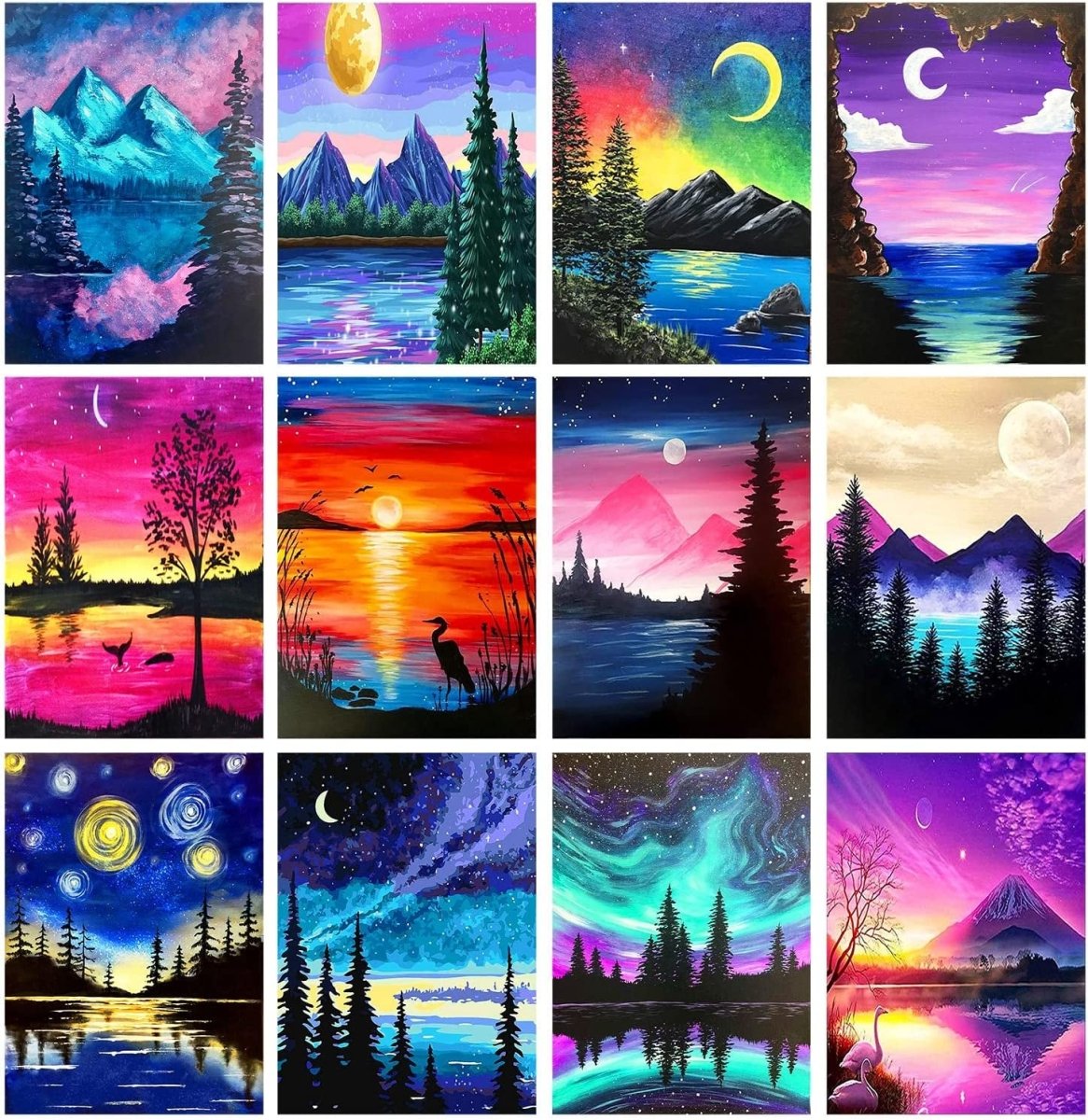 12-pack of ebasketonline 5D diamond painting kits for adults, round drill, paint by number, full gem art for home decor.
