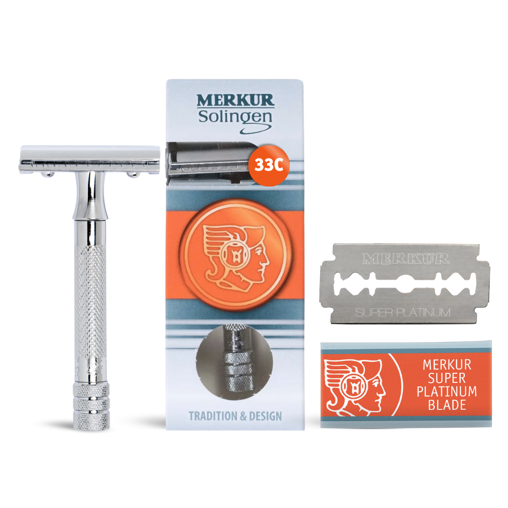 Merkur 33C Safety Razor - 3-Piece DE Razor with Closed Comb and Knurled Standard Handle in Chrome
