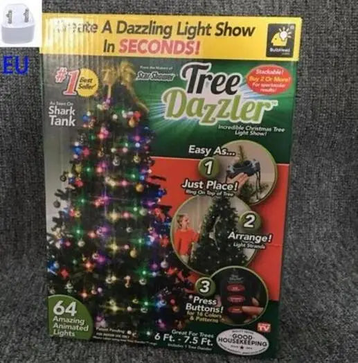 Christmas tree with 64 and 48 light dazzler shower light show, colorful LED holiday lights on a decorated tree