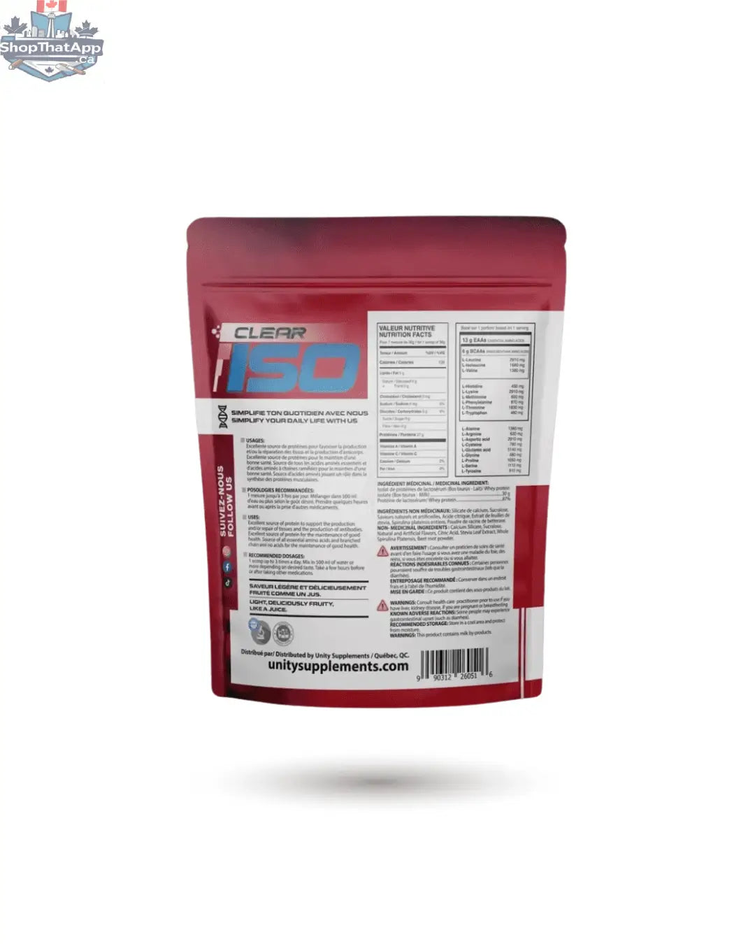 Clear isolate protein juice from BulkBully Supplements, showcasing a transparent bottle with vibrant label and clear liquid inside.